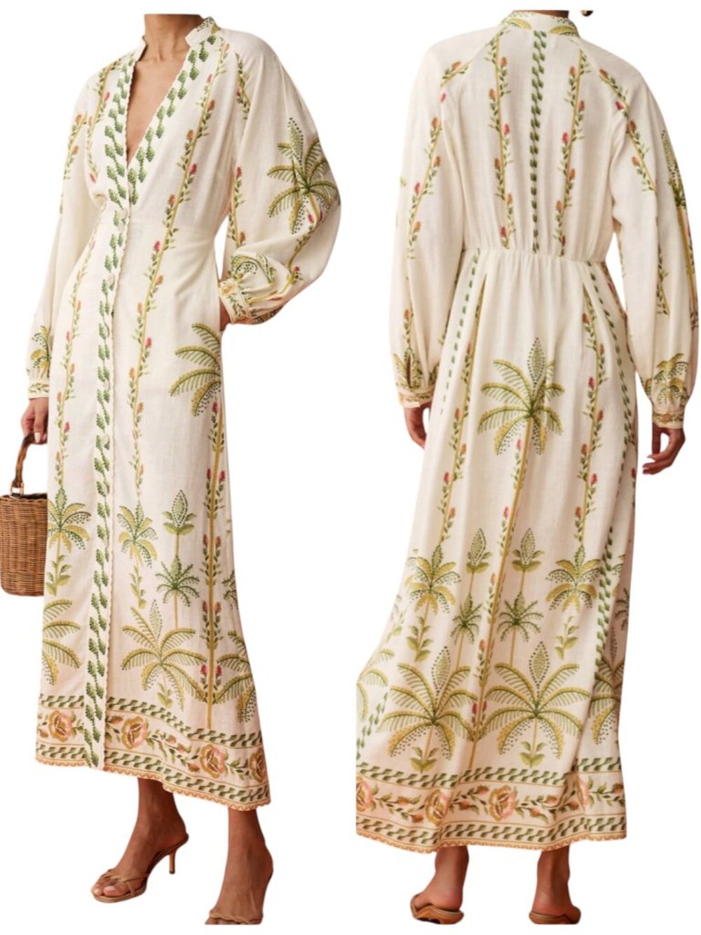 Anaya Raquel Verdant Palm Linen Blend Maxi Dress Cream Size 6 NWT